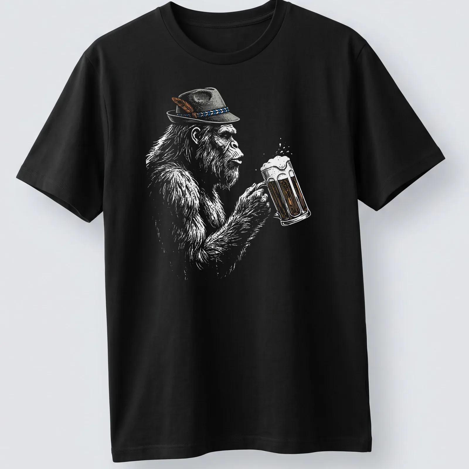 Illustration of a German Bigfoot in lederhosen holding a beer mug in sketch style — printed on a unisex t-shirt
