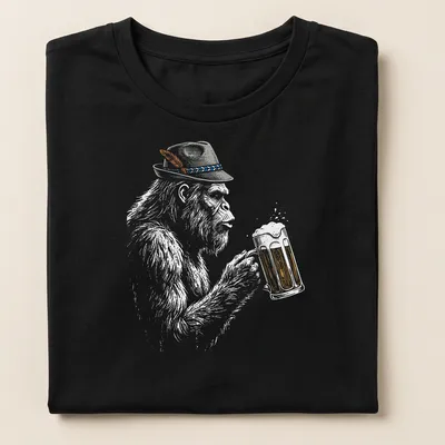 Illustration of a German Bigfoot in lederhosen holding a beer mug in sketch style — printed on a women's shirt