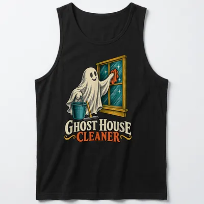 Vintage illustration of a playful ghost character cleaning with a broom — printed on a tank top