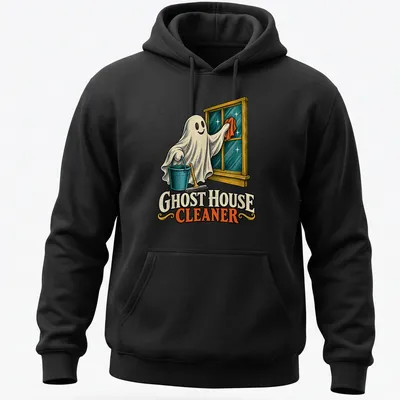 Vintage illustration of a playful ghost character cleaning with a broom — printed on a unisex hoodie