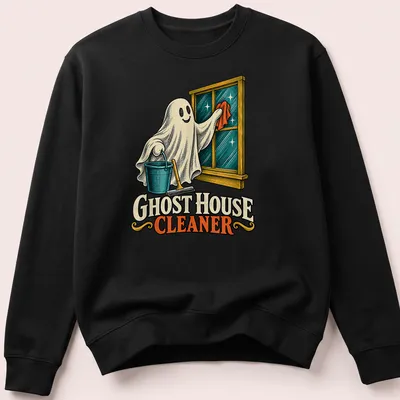 Vintage illustration of a playful ghost character cleaning with a broom — printed on a unisex sweatshirt