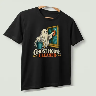 Vintage illustration of a playful ghost character cleaning with a broom — printed on a unisex t-shirt (angled view)