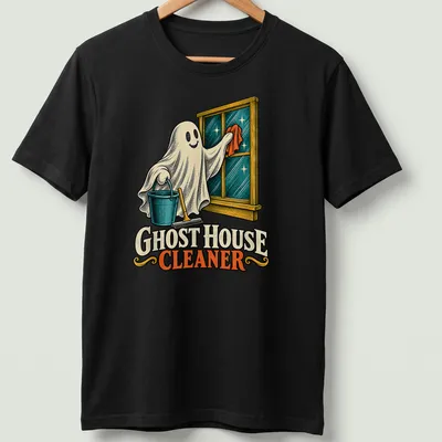 Vintage illustration of a playful ghost character cleaning with a broom