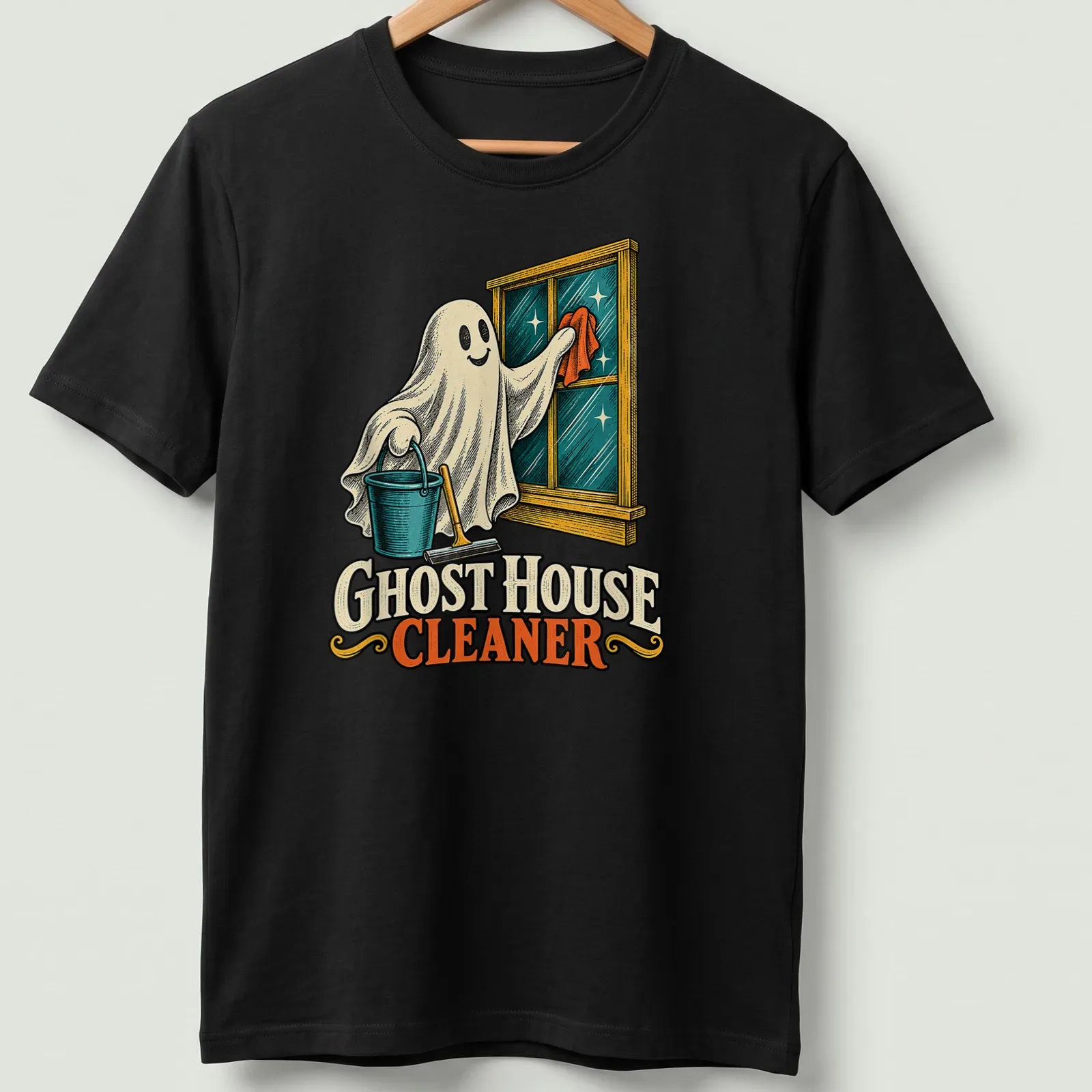 Vintage illustration of a playful ghost character cleaning with a broom — printed on a unisex t-shirt