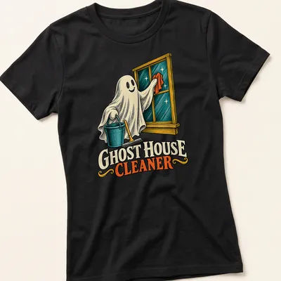 Vintage illustration of a playful ghost character cleaning with a broom — printed on a women's shirt