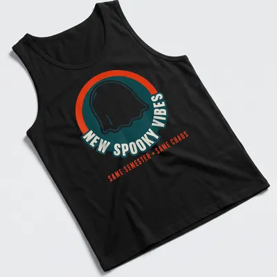 Bold graphic of a cheerful ghost with the text New Spooky Vibes Same Semester Same Chaos — printed on a tank top