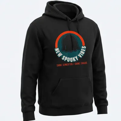 Bold graphic of a cheerful ghost with the text New Spooky Vibes Same Semester Same Chaos — printed on a unisex hoodie