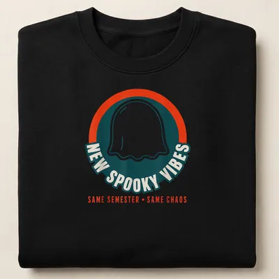Bold graphic of a cheerful ghost with the text New Spooky Vibes Same Semester Same Chaos — printed on a unisex sweatshirt