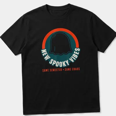Bold graphic of a cheerful ghost with the text New Spooky Vibes Same Semester Same Chaos