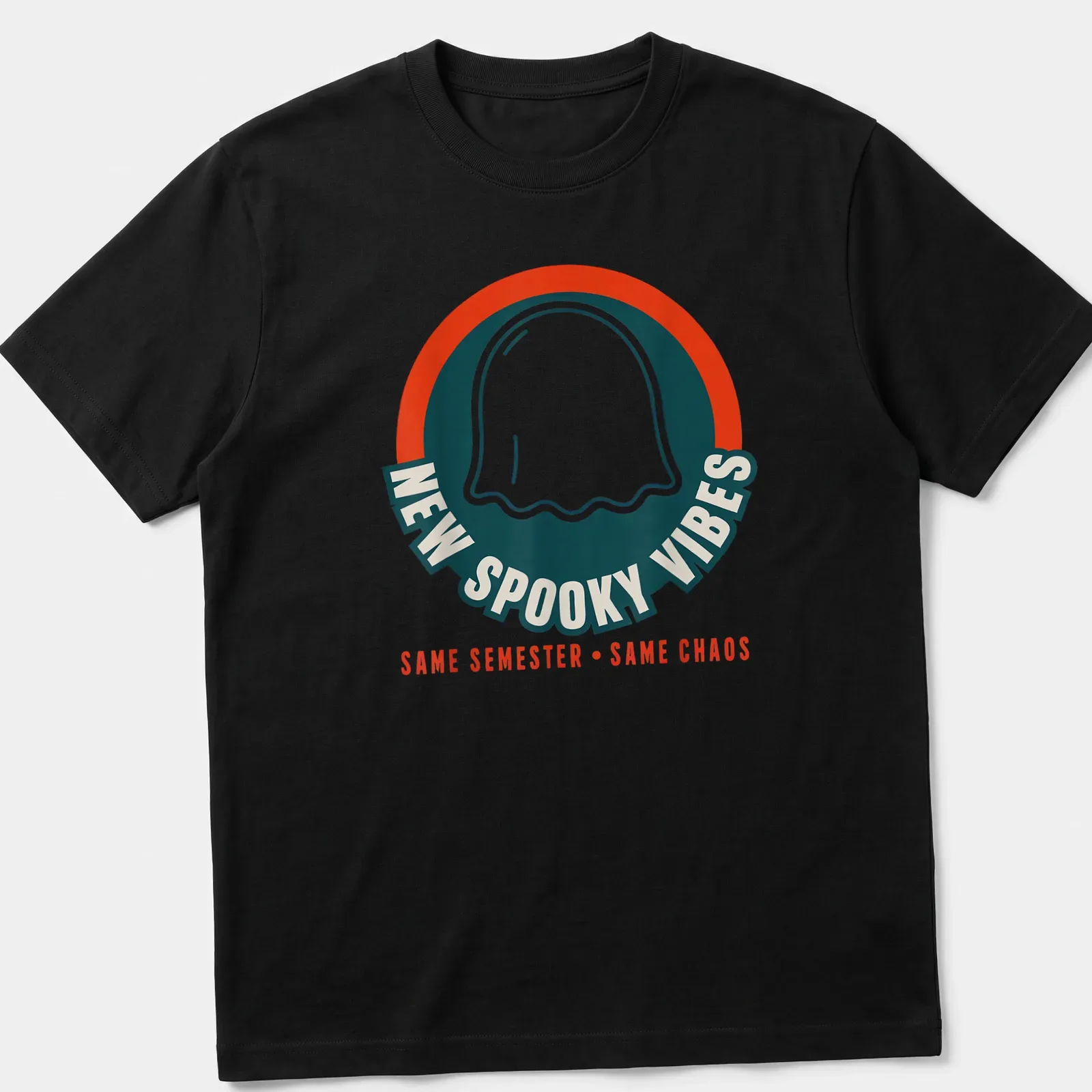Bold graphic of a cheerful ghost with the text New Spooky Vibes Same Semester Same Chaos — printed on a unisex t-shirt