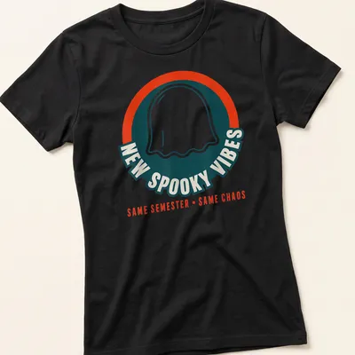 Bold graphic of a cheerful ghost with the text New Spooky Vibes Same Semester Same Chaos — printed on a women's shirt