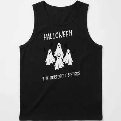 Cartoon ghosts singing for Halloween in black and white. — printed on a tank top