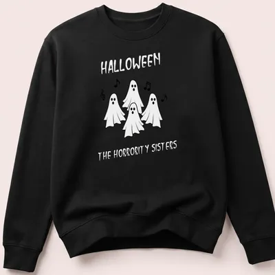 Cartoon ghosts singing for Halloween in black and white. — printed on a unisex sweatshirt