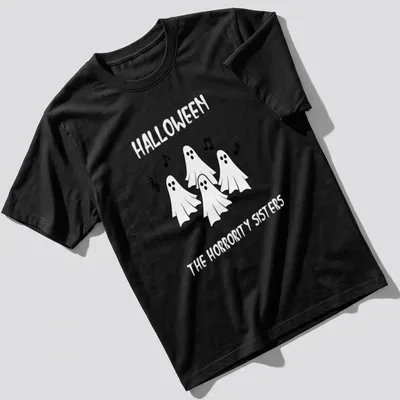 Cartoon ghosts singing for Halloween in black and white.
