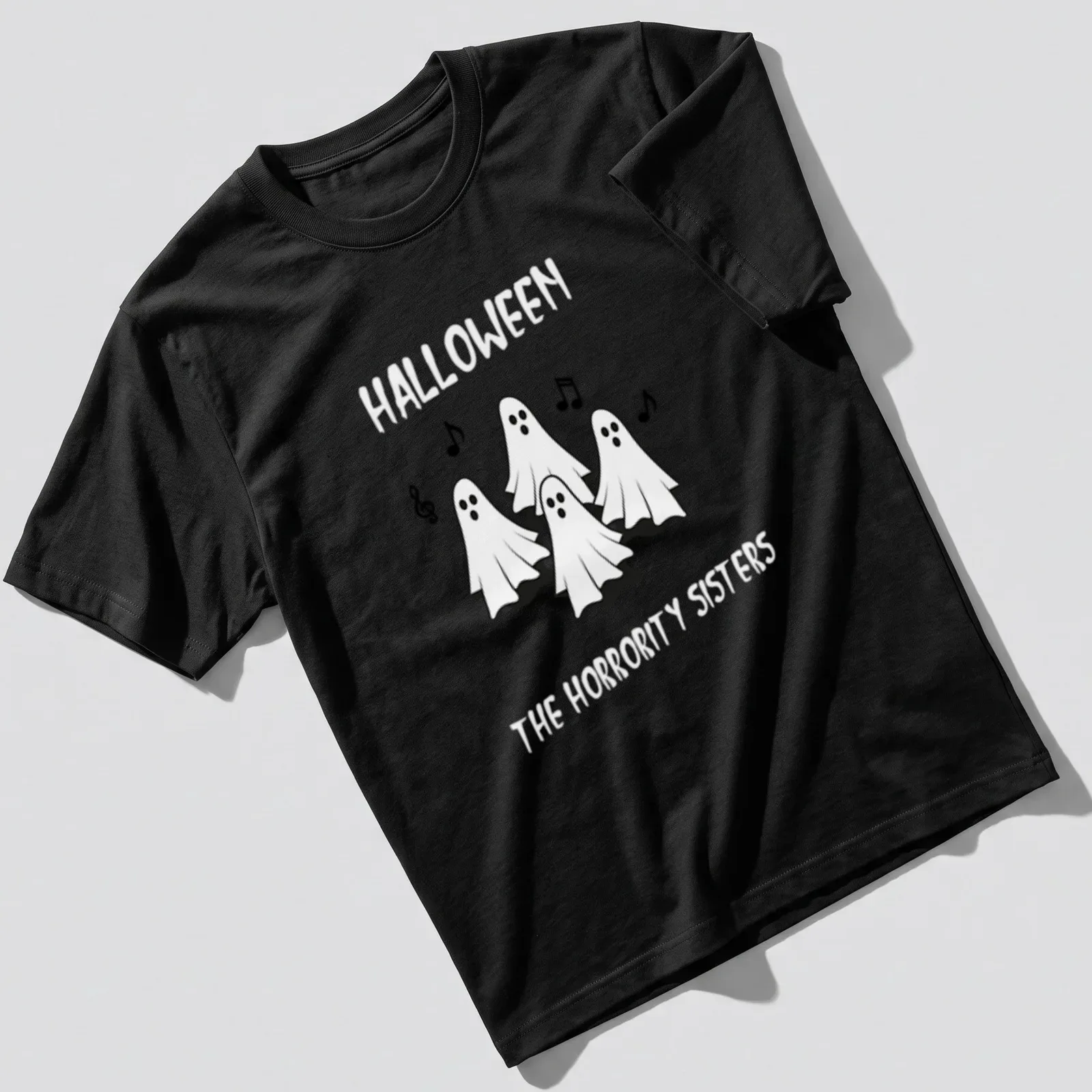 Cartoon ghosts singing for Halloween in black and white. — printed on a unisex t-shirt