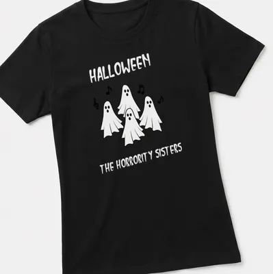 Cartoon ghosts singing for Halloween in black and white. — printed on a women's shirt