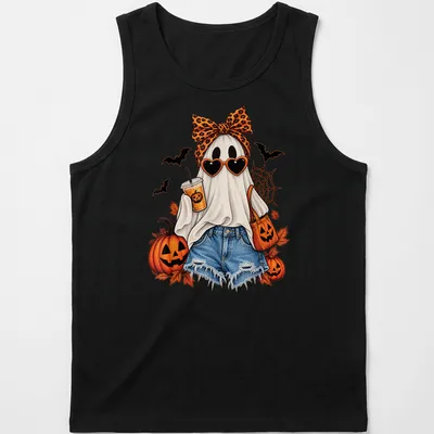 Colorful illustration of a ghost with a leopard bow and iced coffee for Halloween — printed on a tank top