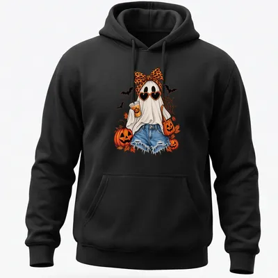 Colorful illustration of a ghost with a leopard bow and iced coffee for Halloween — printed on a unisex hoodie