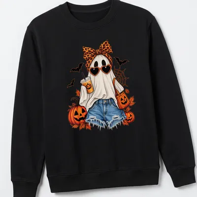 Colorful illustration of a ghost with a leopard bow and iced coffee for Halloween — printed on a unisex sweatshirt