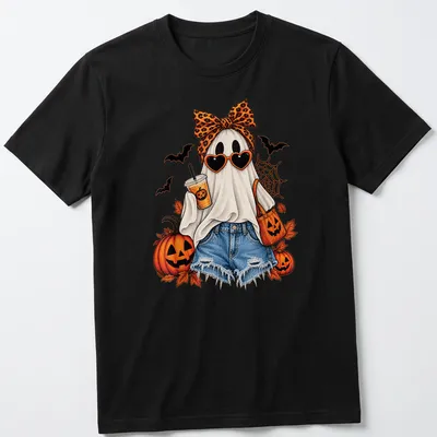 Colorful illustration of a ghost with a leopard bow and iced coffee for Halloween