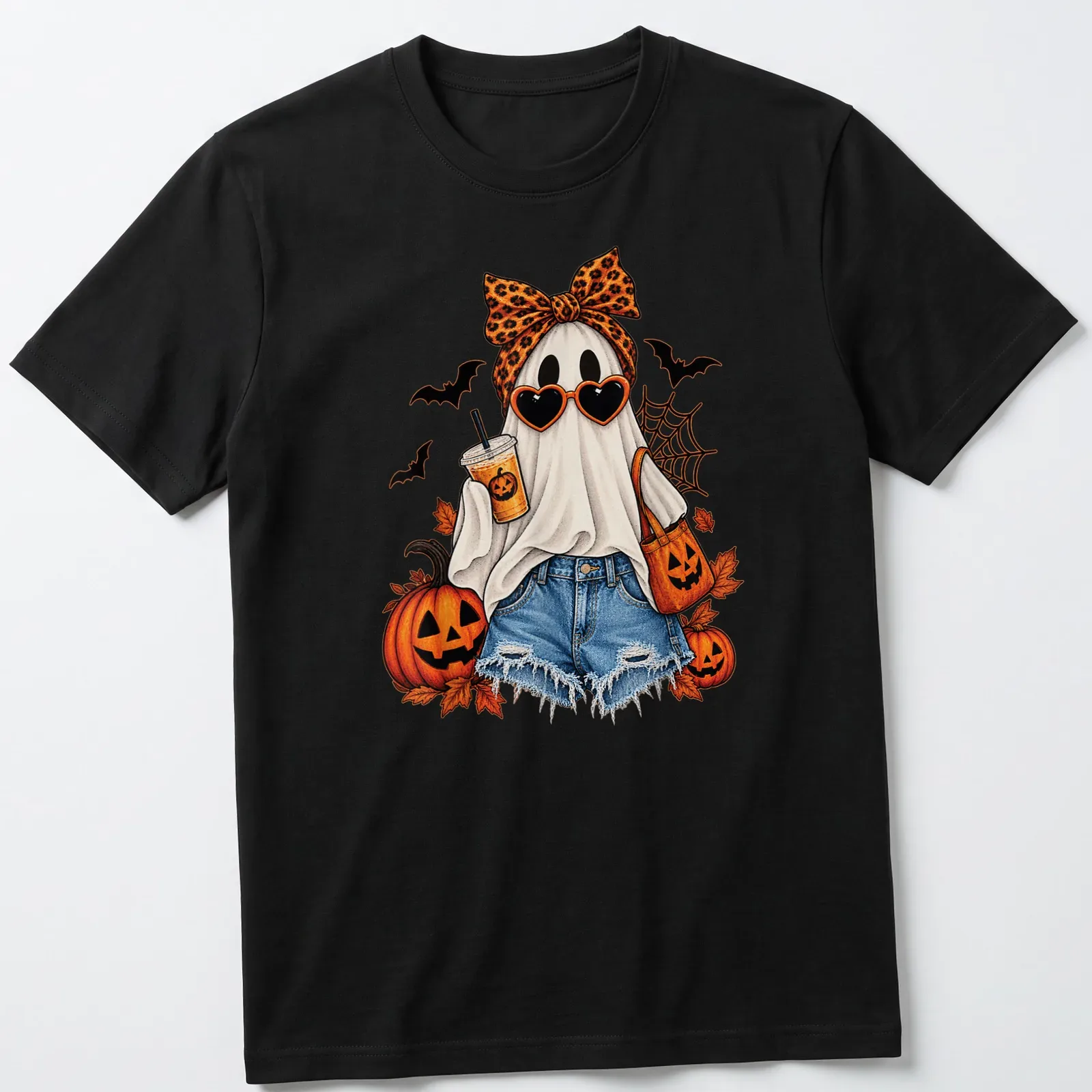 Colorful illustration of a ghost with a leopard bow and iced coffee for Halloween — printed on a unisex t-shirt