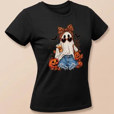 Colorful illustration of a ghost with a leopard bow and iced coffee for Halloween — printed on a women's shirt
