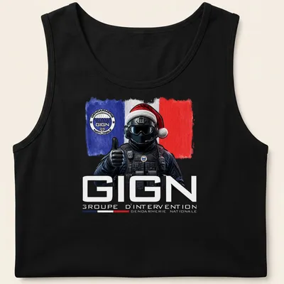 Digital art of GIGN officer in Santa hat with festive colors — printed on a tank top