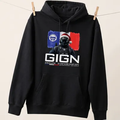 Digital art of GIGN officer in Santa hat with festive colors — printed on a unisex hoodie