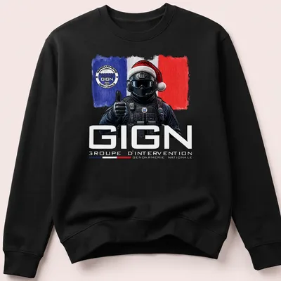 Digital art of GIGN officer in Santa hat with festive colors — printed on a unisex sweatshirt