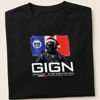 Digital art of GIGN officer in Santa hat with festive colors