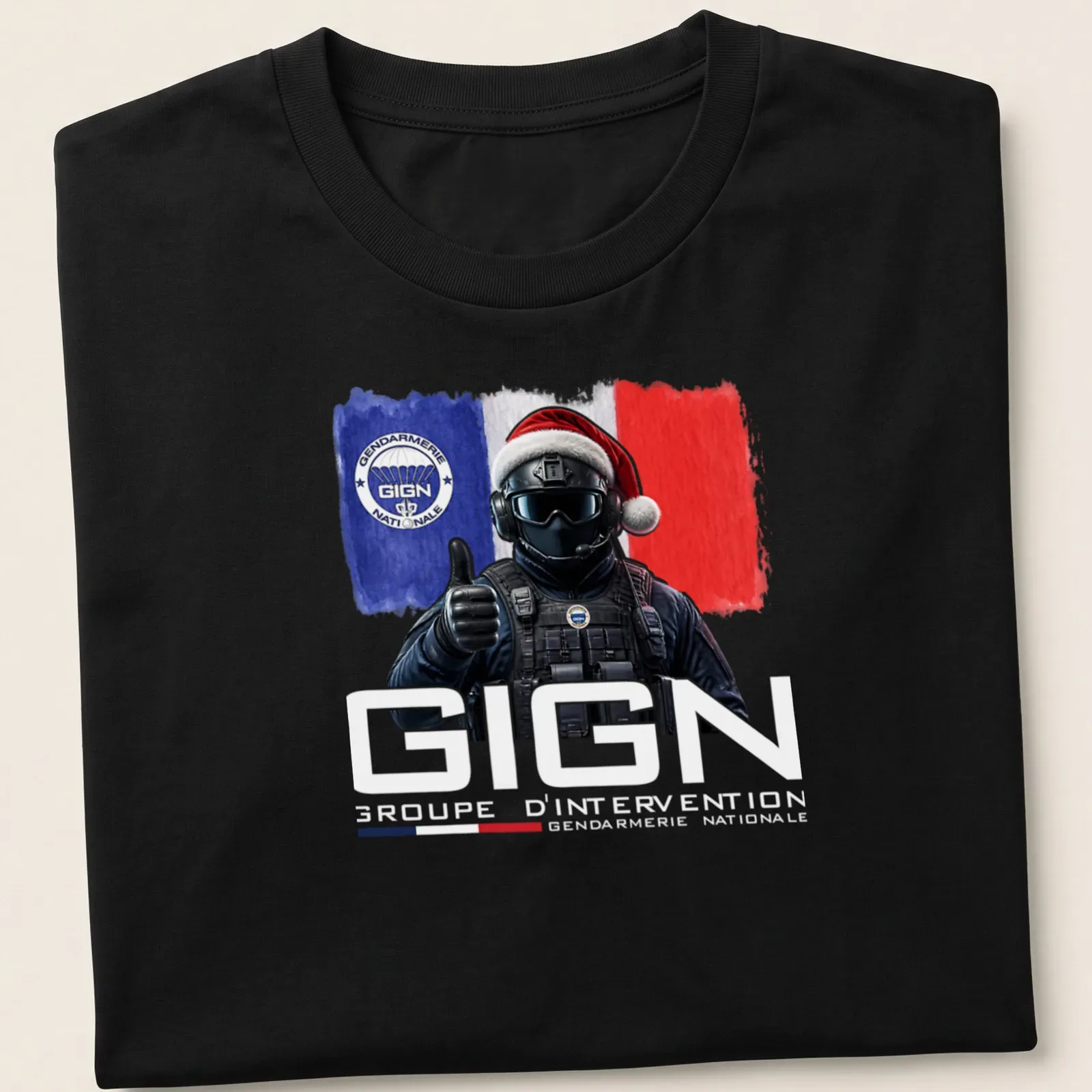 Digital art of GIGN officer in Santa hat with festive colors — printed on a unisex t-shirt