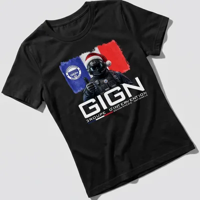 Digital art of GIGN officer in Santa hat with festive colors — printed on a women's shirt