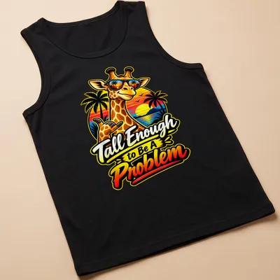 Cartoon giraffe wearing sunglasses with humorous text about height. — printed on a tank top