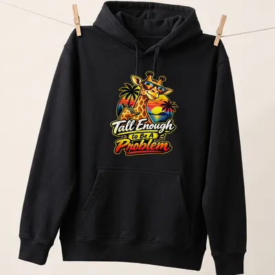 Cartoon giraffe wearing sunglasses with humorous text about height. — printed on a unisex hoodie
