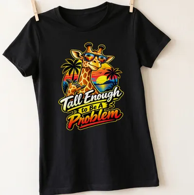 Cartoon giraffe wearing sunglasses with humorous text about height. — printed on a women's shirt