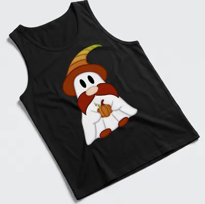 Kawaii gnome ghost holding a pumpkin with text Gnome O Ween in fun colors — printed on a tank top