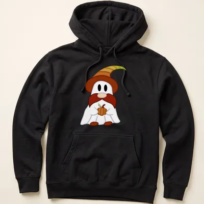 Kawaii gnome ghost holding a pumpkin with text Gnome O Ween in fun colors — printed on a unisex hoodie