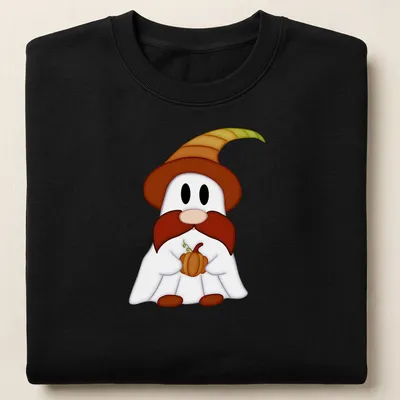 Kawaii gnome ghost holding a pumpkin with text Gnome O Ween in fun colors — printed on a unisex sweatshirt