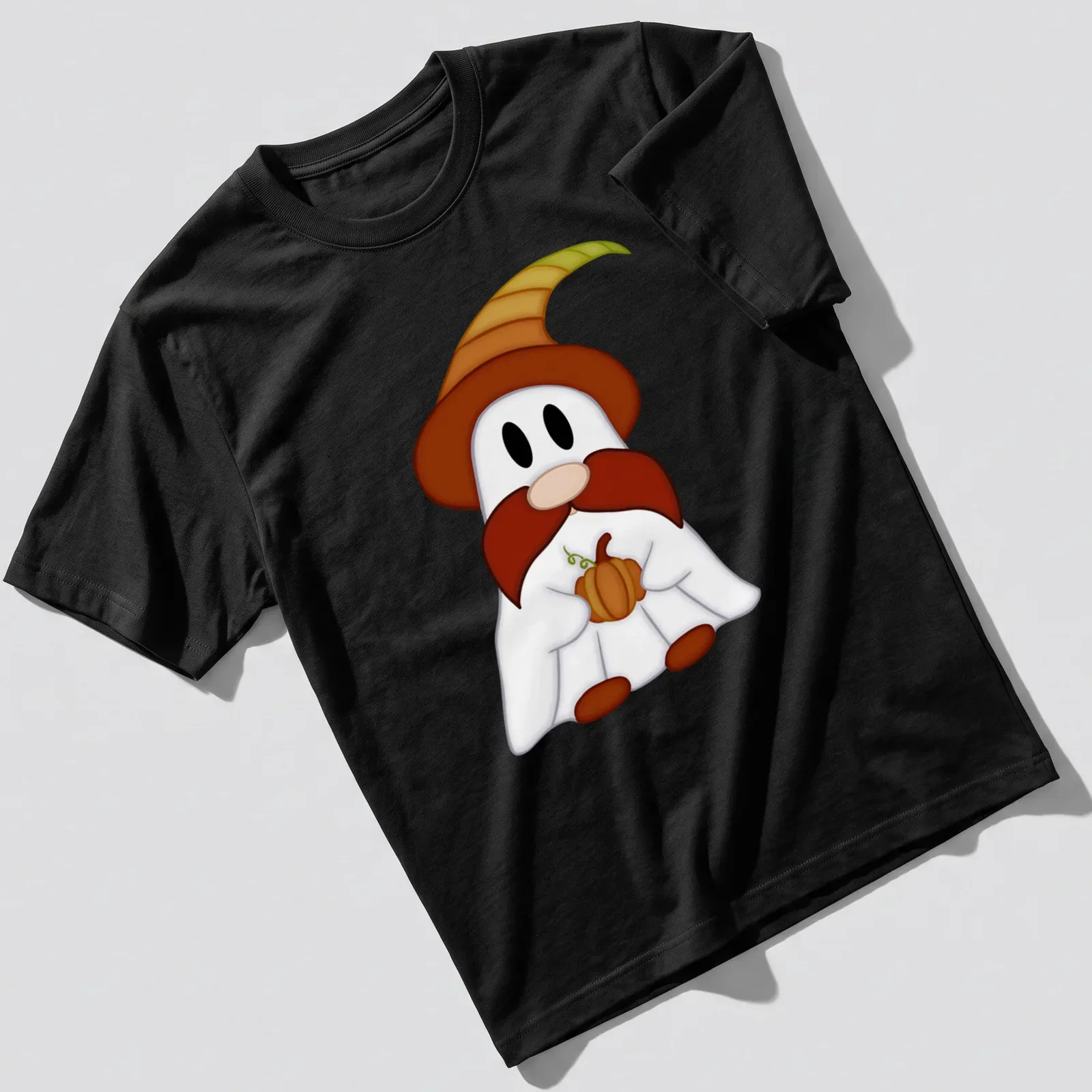 Kawaii gnome ghost holding a pumpkin with text Gnome O Ween in fun colors — printed on a unisex t-shirt