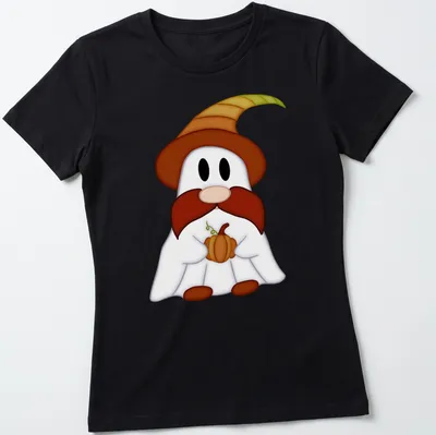 Kawaii gnome ghost holding a pumpkin with text Gnome O Ween in fun colors — printed on a women's shirt