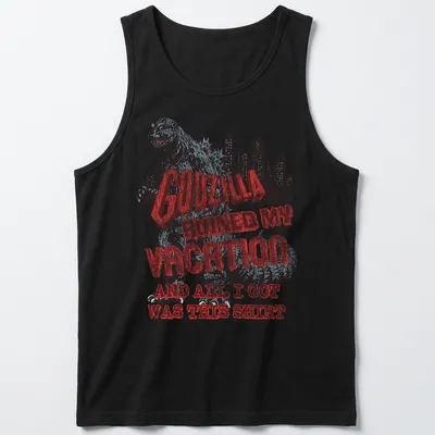 Vintage distressed Godzilla-themed T-shirt with humorous vacation text — printed on a tank top