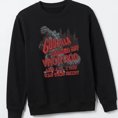 Vintage distressed Godzilla-themed T-shirt with humorous vacation text — printed on a unisex sweatshirt