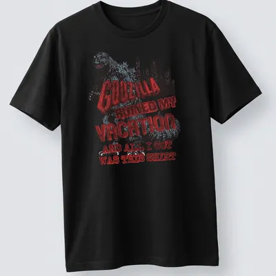 Vintage distressed Godzilla-themed T-shirt with humorous vacation text