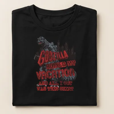 Vintage distressed Godzilla-themed T-shirt with humorous vacation text — printed on a women's shirt