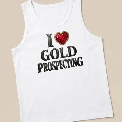 Bold typography t-shirt featuring a red heart gem and gold prospecting theme — printed on a tank top