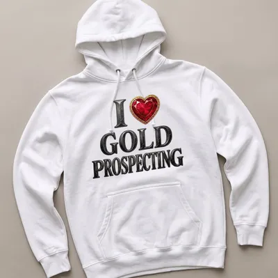 Bold typography t-shirt featuring a red heart gem and gold prospecting theme — printed on a unisex hoodie