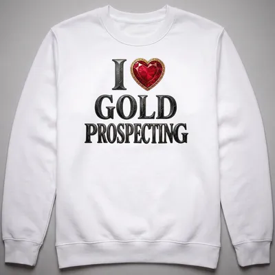 Bold typography t-shirt featuring a red heart gem and gold prospecting theme — printed on a unisex sweatshirt