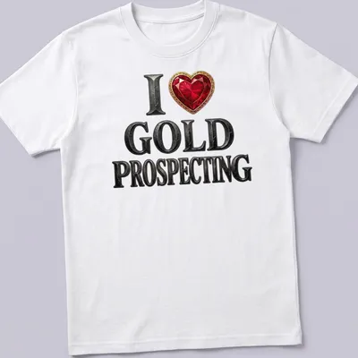 Bold typography t-shirt featuring a red heart gem and gold prospecting theme