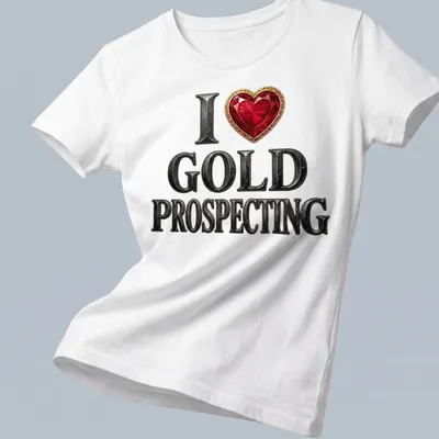 Bold typography t-shirt featuring a red heart gem and gold prospecting theme — printed on a women's shirt