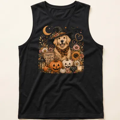 Vintage design of a Golden Retriever in a witch hat among pumpkins and flowers, with autumn colors — printed on a tank top